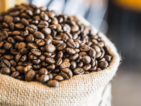 Roasted Coffee Beans in Burlap Bag